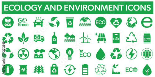 Ecology and Environment - green vector icons. World environment day signs isolated on white. Recyclable packaging symbols.