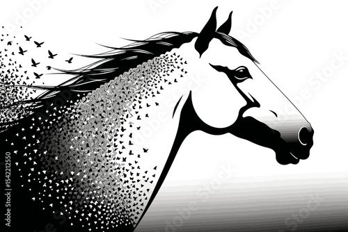 Horse Art with Birds and Transformation Design - Striking Black and White Illustration of a Horse Head - Unique Animal Artwork for Home Decor and Design Projects