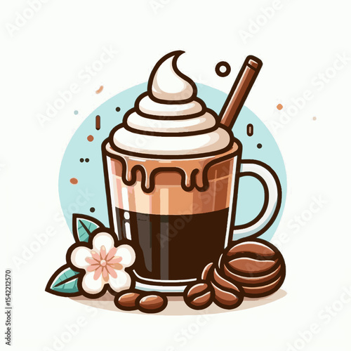 Illustrated coffee mug with whipped cream cinnamon stick flower and coffee beans