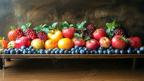 A vibrant display of assorted fruits including berries, apples, and citrus on a rustic wooden shelf