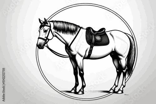 Horse with Saddle Illustration-Black and White Equine Art-Elegant Horse Drawing-Detailed Saddle and Bridle-Perfect for Horse Lovers-Unique Animal Art