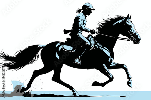Horse Racing Silhouette- Equestrian Sport Illustration- Jockey Riding Fast- Black and Blue Graphic Art- Horseback Riding Artwork- Equine Theme Image