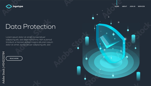 Digital data protection with an abstract glass shield and checkmark, representing cybersecurity and privacy. Network data security isometric vector illustration.