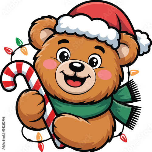Cute Bear With Christmas Candy And Hat