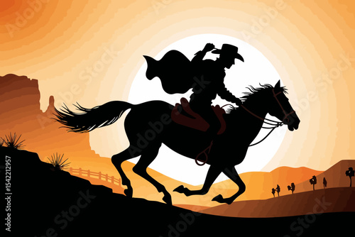 Lone Rider Silhouette at Sunset - Cowboy on Horseback in the Wild West - Dramatic Western Scene with Orange Sky and Mountain Backdrop