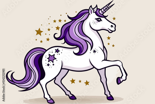 Magical Purple Mane Unicorn Illustration- Fantasy Art with Stars- Whimsical Creature Design for Kids and Adults- Dreamy Unicorn Artwork