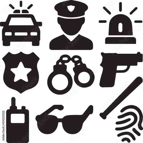 Minimalist Law Enforcement Icons – Police Car, Officer Hat, Badge, Handcuffs, Gun, Baton, Walkie-Talkie, Fingerprint – Bold Black Silhouettes for Crime Prevention and Safety Graphics