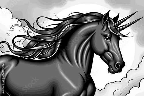 Majestic Black Unicorn Artwork-Fantasy Horse with Intricate Horns-Mythical Creature Illustration-Elegant Design-Digital Art-Stunning Details