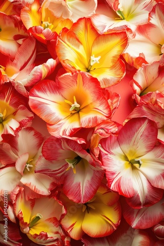 Close-up of vibrant tulip and gladiolus flowers, layered in a mix of red, orange, and yellow petals
