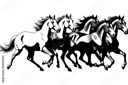 Majestic Horses Running Free Black and White Illustration-Powerful Equine Art-Galloping Stallions in Dynamic Motion-Beautiful Horse Silhouette Design-Animal Vector Graphic