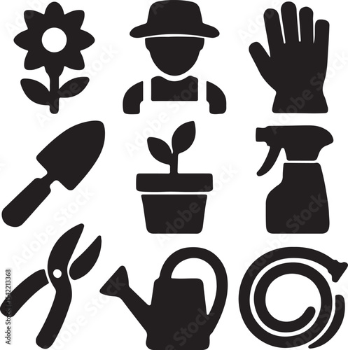 Minimalist Gardening Icons – Trowel, Watering Can, Gloves, Hose, Spray Bottle, Potted Plant, Pruning Shears, Gardener Hat – Clean Black Silhouettes for Horticulture and Outdoor Design