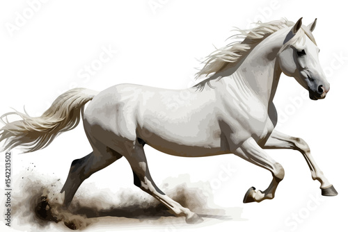 Majestic White Horse Galloping Free - Stunning Equine Beauty in Motion - Powerful Animal Grace and Speed Captured in a Beautiful Image - White Background