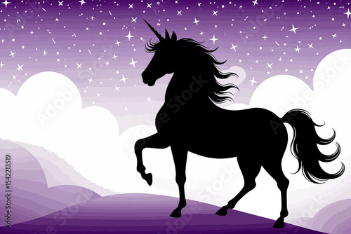 Majestic Unicorn Silhouette-Against a Starry Purple Sky-Fantasy Creature Art-Magical Unicorn Illustration-Dreamy Unicorn Image for Wall Art or Backgrounds