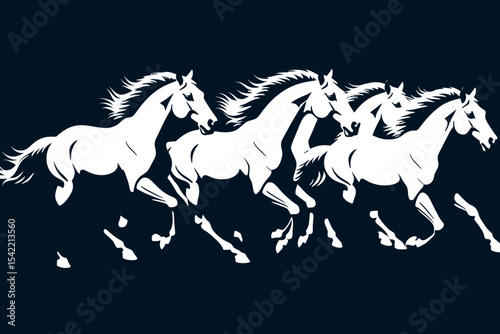 Majestic White Horses Running Free-Powerful Stallions in Motion-Equine Art Graphic Design-Black and White Horse Illustration-Wildlife Animal Lovers Delight
