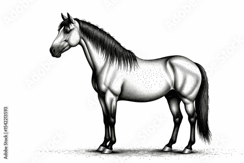 Monochrome Horse Art- Detailed Illustration of a Standing Horse- Black and White Equine Portrait- Elegant Horse Drawing for Art Lovers- Stunning Horse Design