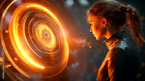 A woman gazes intently at a glowing orange portal, set in a futuristic, tech-inspired environment