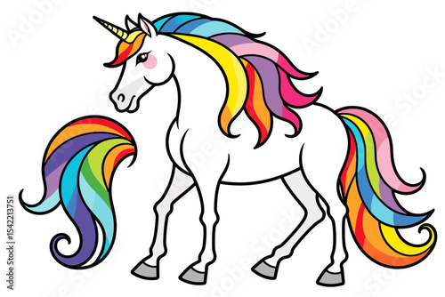 Rainbow Mane Unicorn Illustration- Magical Creature Art for Kids- Colorful Unicorn Design- Fantasy Unicorn with Swirling Tail- Unicorn Clipart for Crafts