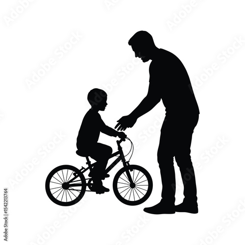 Silhouette of father teaching son to ride bike family activity outdoor fun childhood memories black and white vector illustration