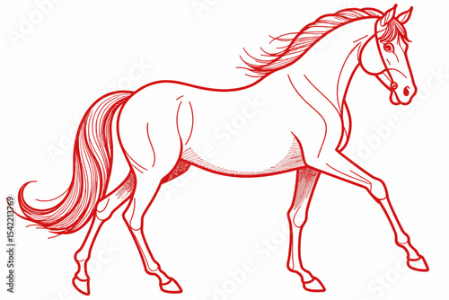 Red Horse Outline Illustration - Elegant Equine Drawing on White Background - Artistic Horse Design for Crafts and Digital Projects - Graceful Horse Clip Art