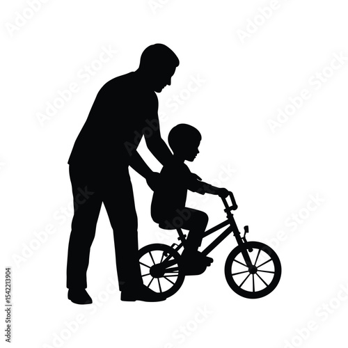 Silhouette of father teaching son to ride bike family activity outdoor fun childhood memories black and white vector illustration