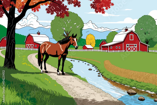 Tranquil Farm Scene with Horse - Red Barns and a Flowing Stream - Colorful Autumn Landscape - Serene Countryside Artwork - Escape to Rural Beauty
