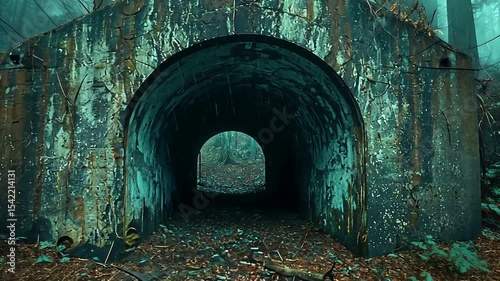Abandoned concrete tunnel in a misty forest, surrounded by overgrown foliage and fallen leaves