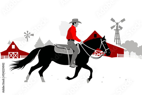 Two Cowboys on Horseback-Riding Through Farmland-Vintage Western Scene-Red Barns-Windmill in Countryside-Homestead Adventure-Rural Landscape-Black Horse Artwork