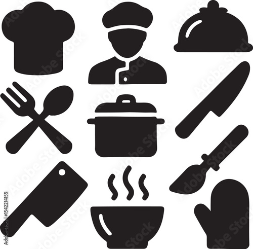 Cooking and kitchen utensil icon set. Containing chef hat, frying pan, pot, spatula, whisk, knife, cutting board, food cloche, and oven mitt symbols. Culinary tool silhouettes. Solid icon collection.