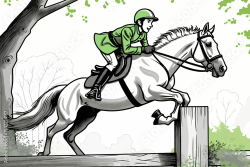 Equestrian Excellence-Horse and Rider Jumping-Graceful Horse Jumping-Horseback Riding-Equestrian Art-Green and White Illustration-Horse Show Jumping Event