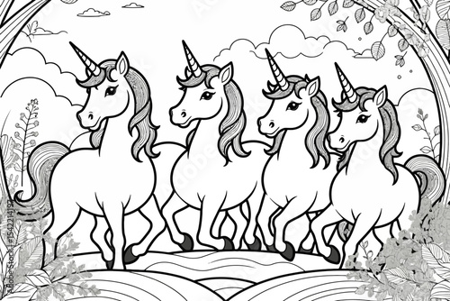 Unicorn Coloring Page for Kids - Printable Unicorns in a Row Outline - Magical Creatures Coloring Sheet - Fantasy Art for Children - Unicorn Line Art Illustration