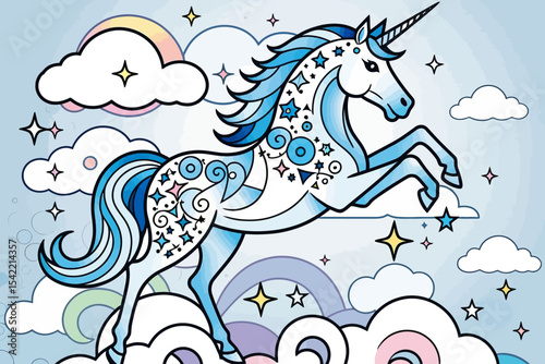 Whimsical Unicorn Art - Cartoon Unicorn with Stars and Clouds - Cute Fantasy Creature Illustration for Kids - Dreamy Unicorn Scene in Blue and White Tones