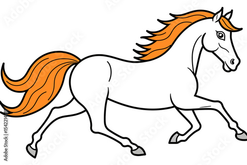 White Horse Cartoon Running with Orange Mane and Tail-Cute Animal Illustration-Coloring Page for Kids-Educational Art Project-Downloadable Image for Learning