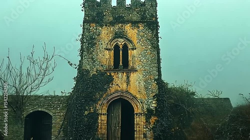 Abandoned stone church tower surrounded by fog and overgrown vegetation in a rural landscape