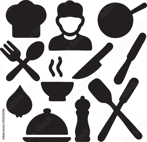 Cooking and kitchen utensil icon set. Containing chef hat, frying pan, pot, spatula, whisk, knife, cutting board, food cloche, and oven mitt symbols. Culinary tool silhouettes. Solid icon collection.