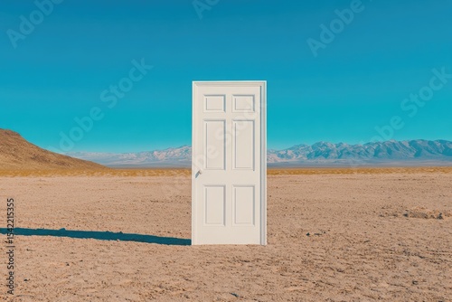 A solitary white door stands in a vast desert landscape beneath a clear blue sky.  Vast expanse of tan-colored desert floor, mountains in the distance