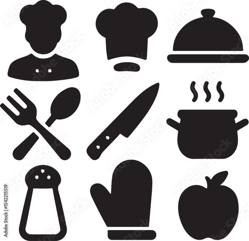 Cooking and kitchen utensil icon set. Containing chef hat, frying pan, pot, spatula, whisk, knife, cutting board, food cloche, and oven mitt symbols. Culinary tool silhouettes. Solid icon collection.