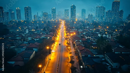 Aerial view of a bustling cityscape at dusk, showcasing illuminated streets and high-rise buildings
