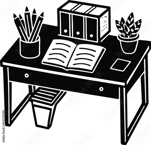 Organized Desk with Planner and Sticky Notes vector silhouette illustration