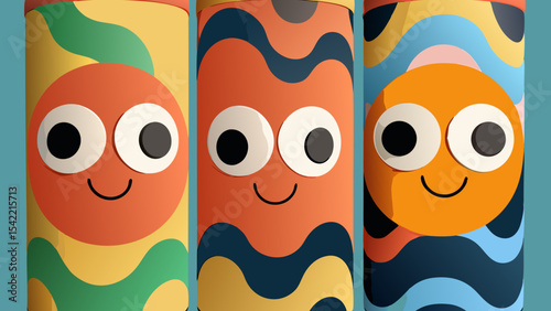 Set of Three Colorful Cylindrical Packages with Cute Cartoon Faces in Box – Playful Modern Packaging Design – Generative AI