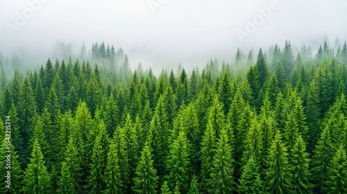 Misty forest landscape with tall pine trees in the mist, aerial view. Green spruce forest with fog. Pine tree wallpaper with a foggy nature background. 