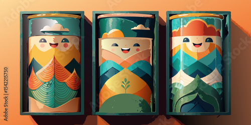 Set of Three Colorful Cylindrical Packages with Cute Cartoon Faces in Box – Playful Modern Packaging Design – Generative AI
