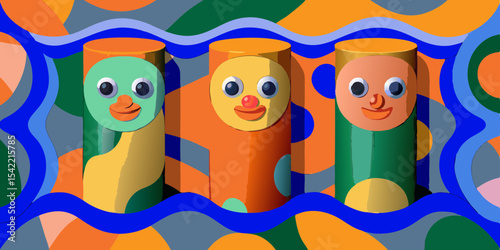 Set of Three Colorful Cylindrical Packages with Cute Cartoon Faces in Box – Playful Modern Packaging Design – Generative AI