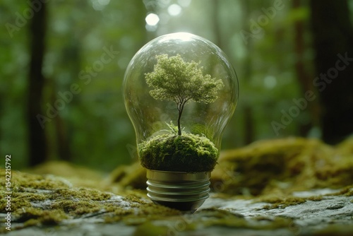 A small tree grows inside a clear lightbulb, nestled on a mossy rock in a lush forest.  Sunlight filters through the trees