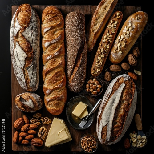 Assorted loaves of artisan bread on a dark wooden board,  topped with nuts and a spread of butter,  arranged in an overhead view
