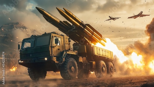 Military truck launching missiles in a war zone (1)