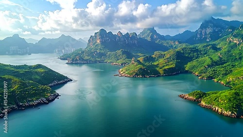 Aerial view of lush green mountains surrounding a serene blue bay under a cloudy sky
