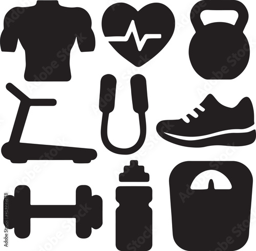 Fitness and health icon set. Workout and wellness silhouette