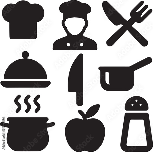 Cooking and kitchen utensil icon set. Containing chef hat, frying pan, pot, spatula, whisk, knife, cutting board, food cloche, and oven mitt symbols. Culinary tool silhouettes. Solid icon collection.