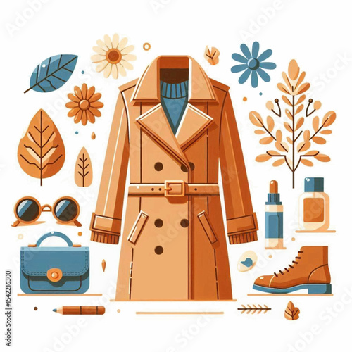 Illustration Beige trench coat encircled by leaves flowers bag boots and beauty products all in a minimalist style