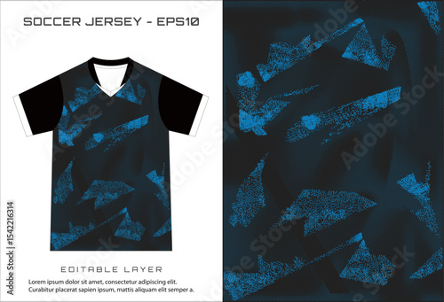 Illustrated soccer jersey with black sleeves  abstract blue patterns on a dark backdrop editable text below